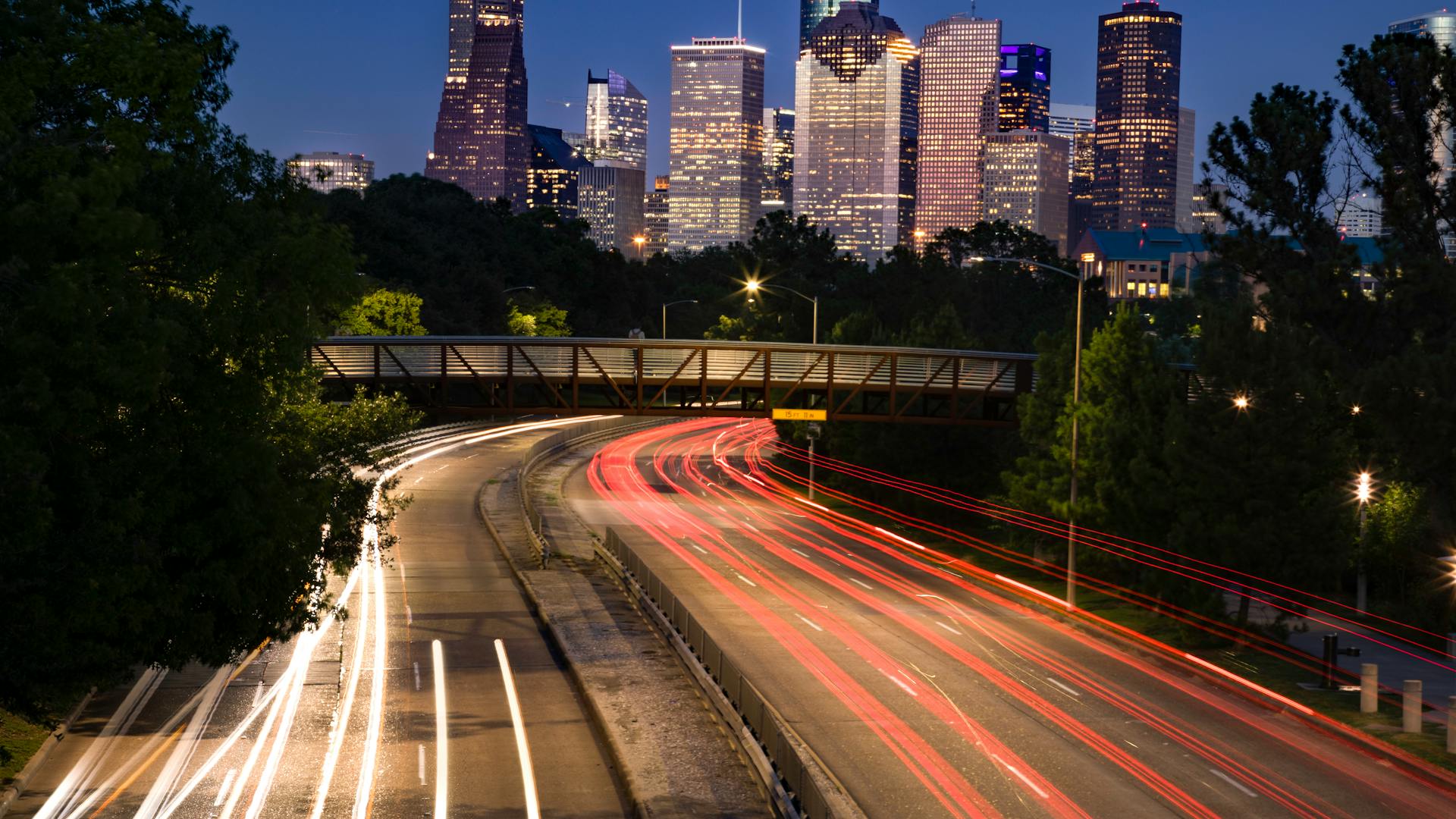 Houston skyline at night with light trails — FIFA World Cup 2026 luxury limo service