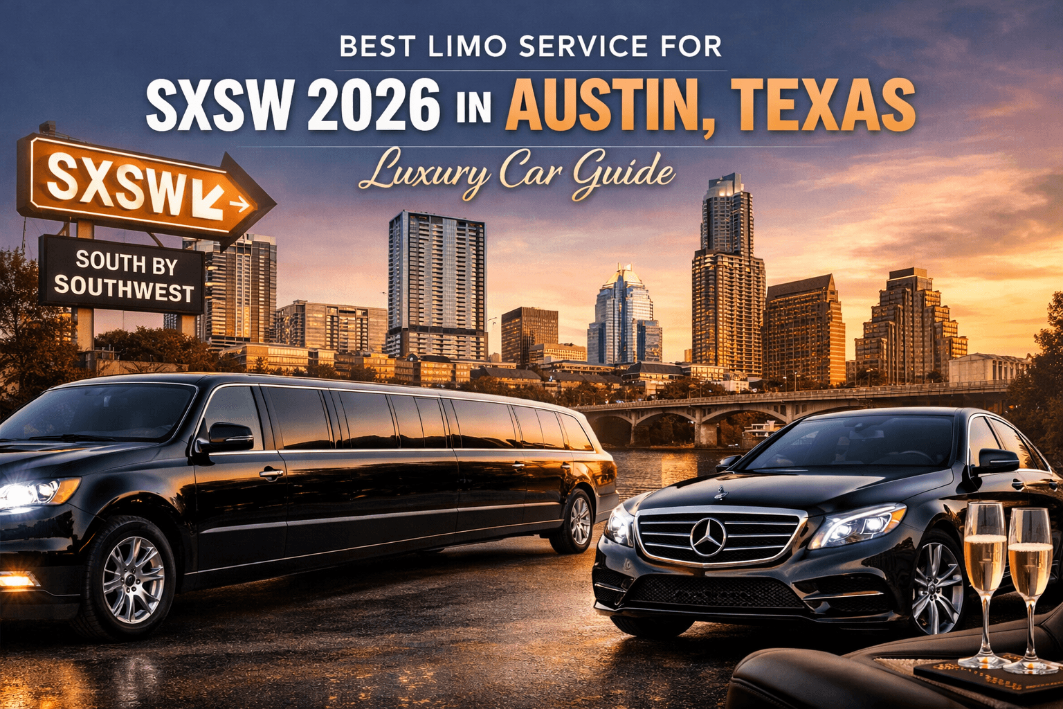 Chauffeur opening door of black luxury limousine in downtown Austin Texas 2026