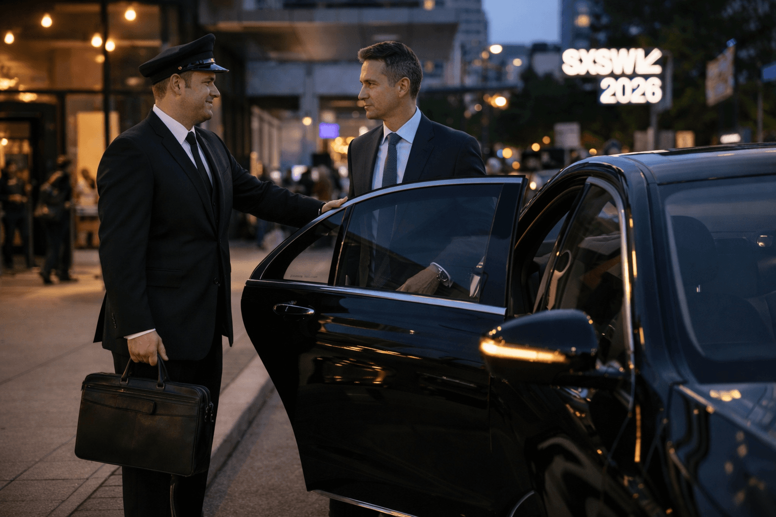 Luxury black SUV limo staged outside Austin Convention Center during SXSW 2026 with Congress Avenue in background